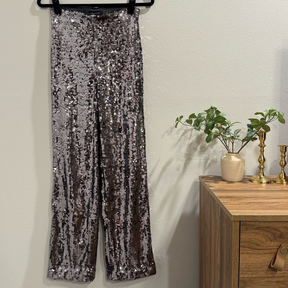 Good American Small Gunmetal Sequin Wide Leg Pull On Pants Party Glam Concert - Picture 2 of 6